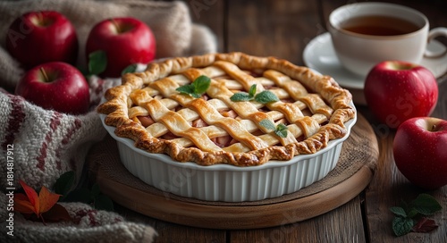 Freshly Baked Apple Pie on a Wooden Table With Red Apples and a Cup of Tea in...