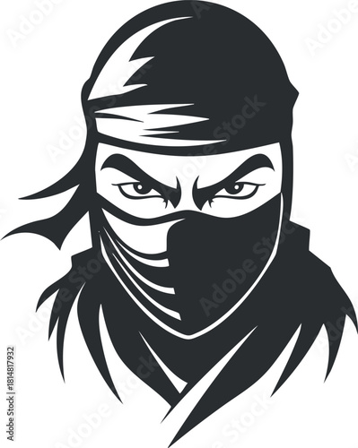 Stylized black and white vector illustration of a ninja character with a mask and bandana for design and branding projects