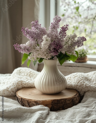 Beautiful Lilac Bouquet in a Vase Placed on a Wooden Table Near a Sunny Window