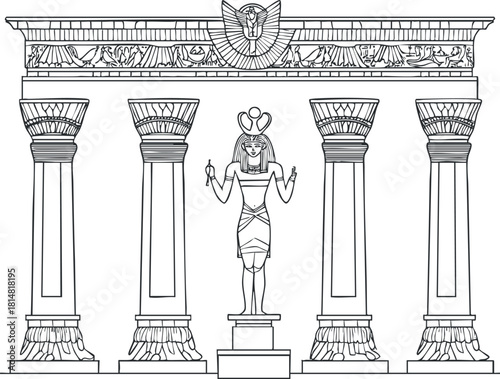 Detailed outline vector illustration of an Egyptian temple featuring ornate columns and a central statue for historical and educational use