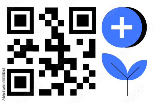 QR code design. QR code combined with a medical cross symbol and a leaf, healthcare, digital information, and eco-friendly sustainability. For medical apps, eco-tech, mobile scanning, healthcare