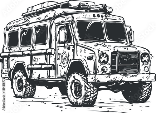 Vintage black and white vector illustration of an emergency rescue vehicle for fire service and public safety design projects