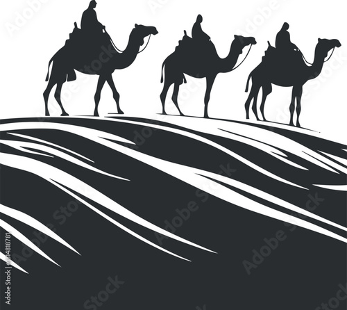 Silhouette vector illustration of camels walking across a desert landscape with flowing sand dunes for travel and adventure themes