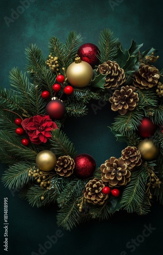 Beautifully Decorated Christmas Wreath With Red Ornaments and Pinecones on a ...