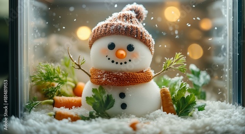 Cute Snowman Wearing a Cozy Hat With Snow and Vegetables in a Festive Winter ...