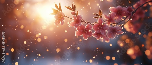 Cherry Blossoms in the Snow During Sunset Light Create a Beautiful Scene