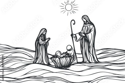 Line art illustration of the nativity scene featuring Mary, Joseph, and the baby Jesus, suitable for holiday designs and spirituality themes