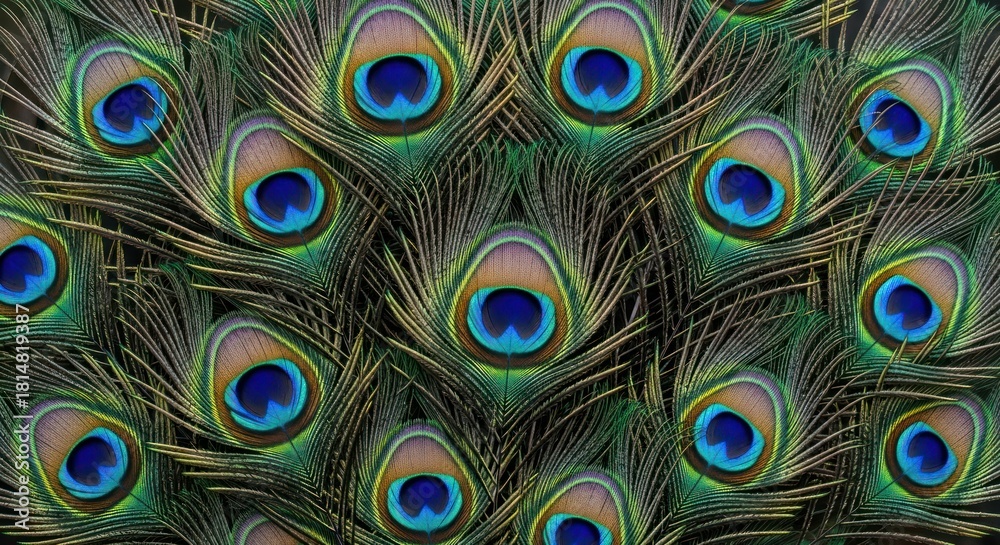 Fototapeta premium Close-up of Vibrant Peacock Feathers Displaying Intricate Patterns and Colors.