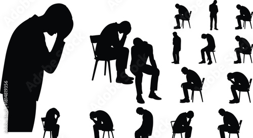 Collection of black silhouettes of men in various poses of distress and sadness vector
