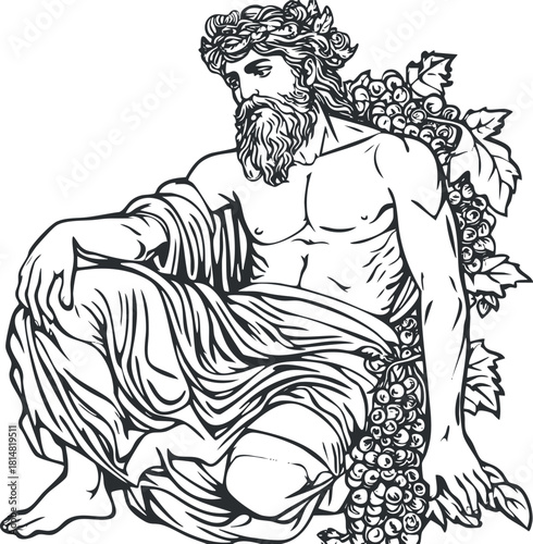 Detailed black and white vector illustration of Bacchus, the god of wine, surrounded by grapes and leaves