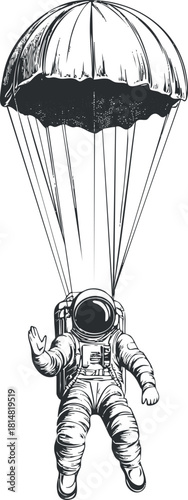 Stylized black and white vector illustration of an astronaut parachuting, perfect for adventure and exploration themes.