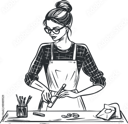 Stylish black and white vector illustration of a woman artist working at a creative workspace, perfect for art and design projects