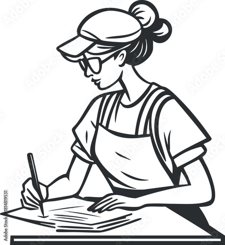 Stylized black and white vector illustration of a woman artist sketching on paper, ideal for creative and design projects