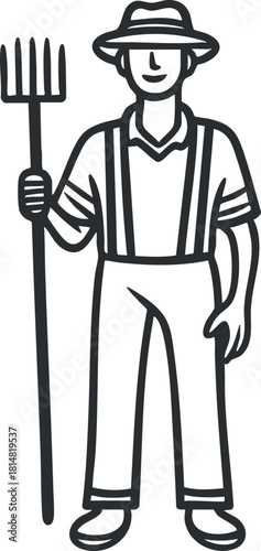 Illustration of a farmer holding a pitchfork in a minimalistic style, suitable for agriculture-themed designs and branding.