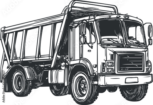 Detailed black and white vector illustration of a dump truck for construction and transportation projects