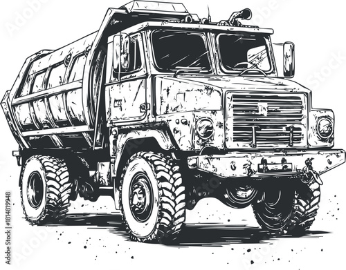 Detailed black and white vector illustration of a heavy-duty truck, suitable for transportation and industrial design projects