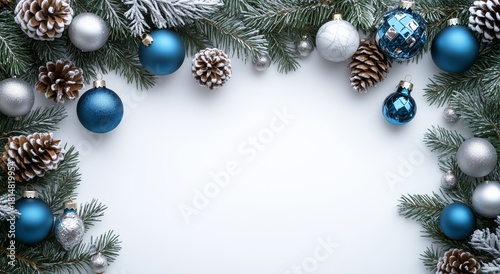 Festive Winter Decor With Blue Ornaments and Pinecones on Frosted Greenery Du...