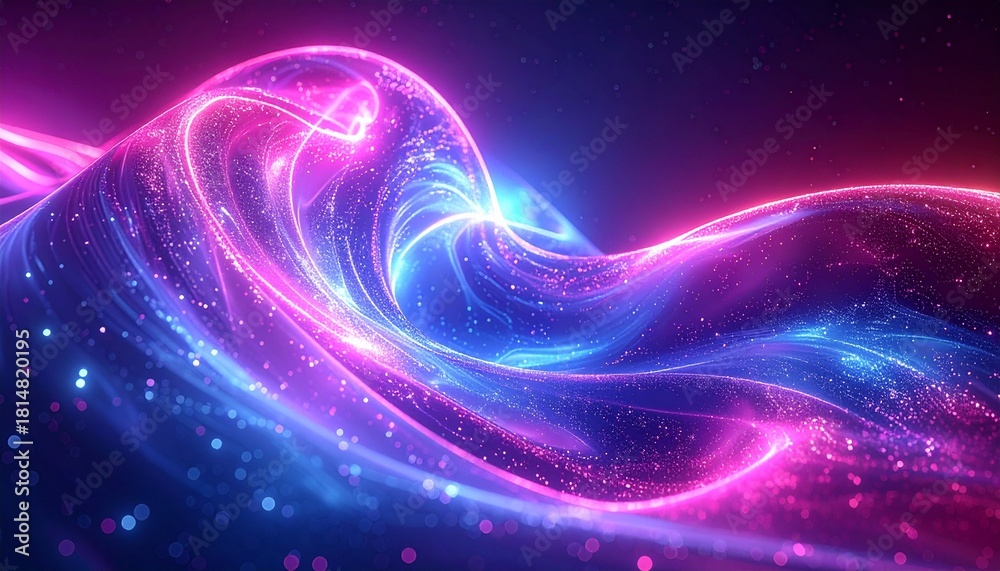 Obraz premium Abstract glowing cosmic wave of neon blue and pink energy, swirling in a nebula of stars