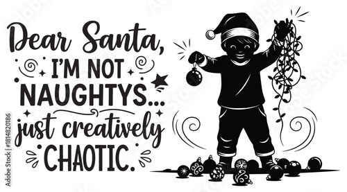 Black silhouette of child in Santa hat holding tangled Christmas lights tangled lights