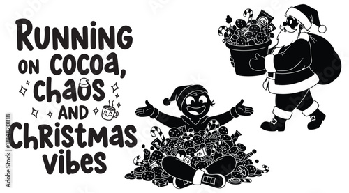 Black and white illustration of Santa Claus and child with Christmas treats vector