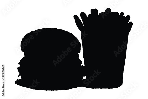 Black Silhouette of a Burger and French Fries on White Background Keywords: burger, french fries, silhouette, black