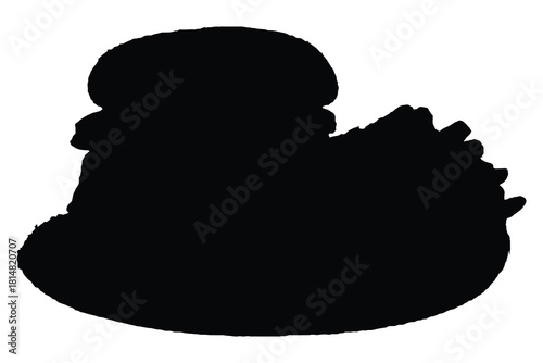 Black silhouette of a hamburger with bun and patty on white background food fast food
