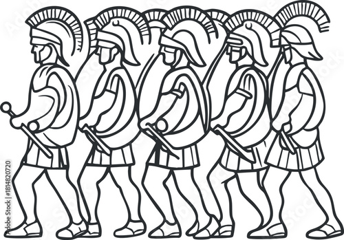 Line art illustration of marching Roman soldiers in historical armor, suitable for educational and cultural projects.