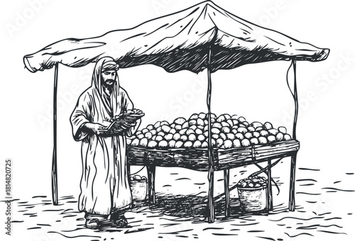 Detailed black and white vector illustration of a traditional market vendor selling fresh fruits under a canopy, perfect for cultural and food-related projects