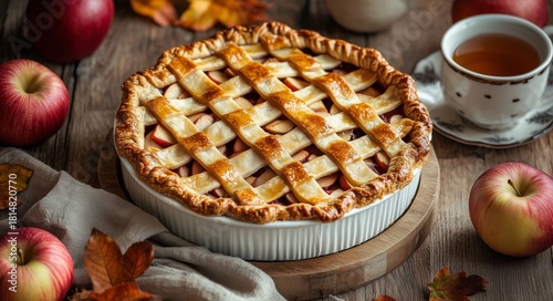 Freshly Baked Apple Pie on a Wooden Table With Coffee and Apples Around