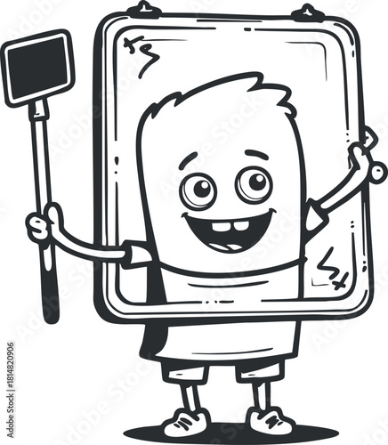Playful cartoon character taking a selfie with a smartphone in a fun and humorous style, perfect for social media themes
