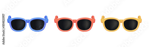 Sunglasses in blue, red and yellow. Trendy fashion glasses for man and women, essential travel and summer accessories