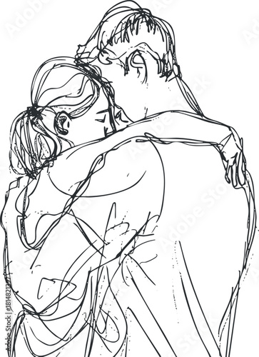 Minimalist line art illustration of a couple embracing, symbolizing love and intimacy for art and design projects