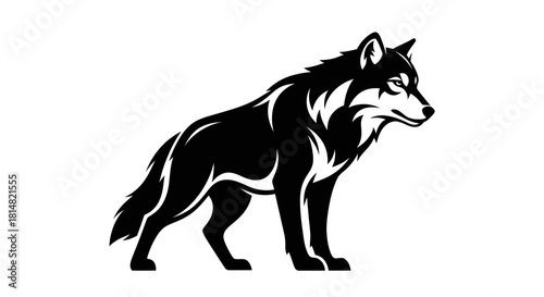Stylized black wolf standing in a powerful profile view.
