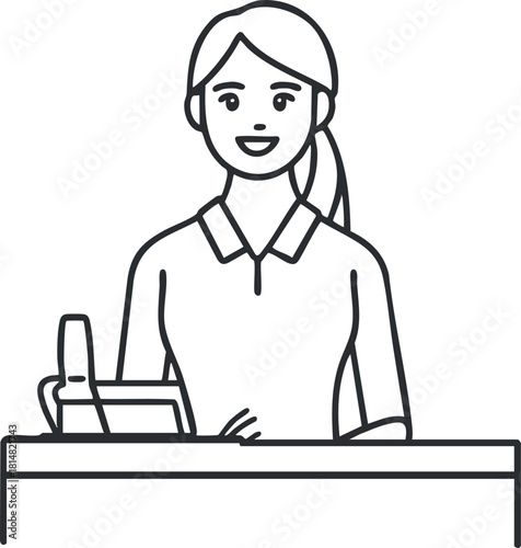 Minimalist line art vector illustration of a friendly cashier at a checkout counter, ideal for retail and service design projects