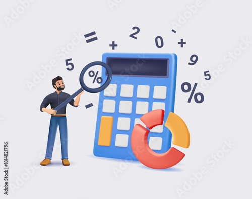 Calculating math, accounting, tax investment, financial audit, budget analysis, profit and loss. 3D vector illustration
