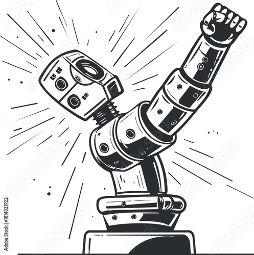 Stylized black and white vector illustration of a robot arm raised in triumph, suitable for technology and innovation themes.