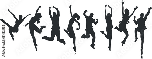Dynamic silhouette vector illustration of dancers in various jumping poses, perfect for fitness and dance-themed projects