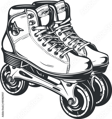 Detailed vector illustration of classic rollerblades in a black and white style, ideal for sports and fitness designs