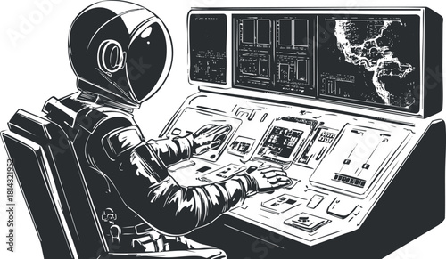 Black and white vector illustration of an astronaut operating a high-tech control panel in a space mission environment
