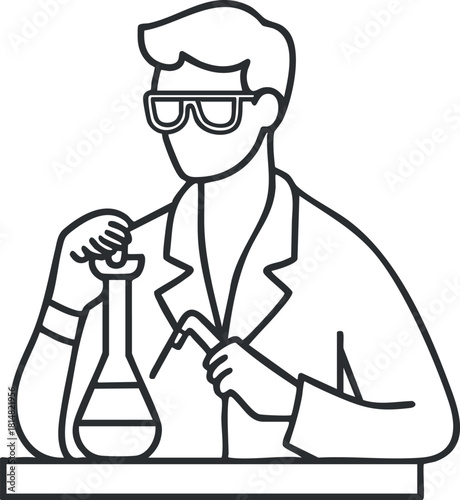 Line art illustration of a scientist in a lab coat conducting an experiment with a flask, suitable for educational and scientific themes