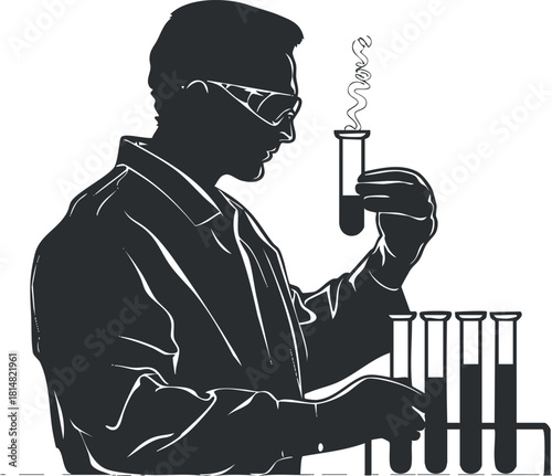 Silhouette vector illustration of a scientist conducting experiments in a laboratory with test tubes and a beaker