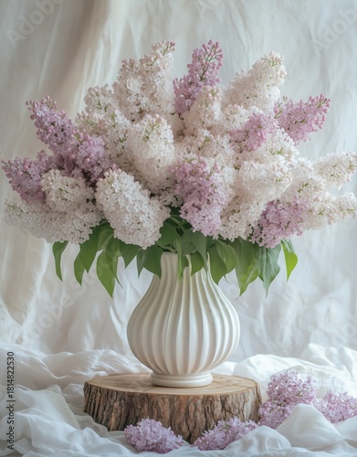 Beautiful Lilac Bouquet in a White Vase on a Wooden Table in a Bright Room