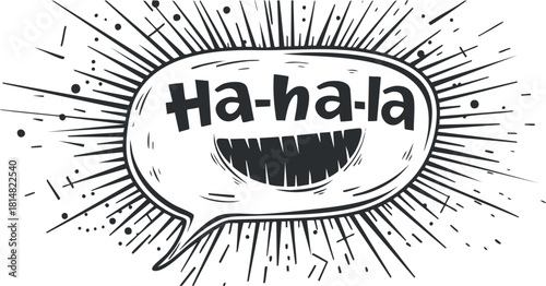 Whimsical black and white vector illustration of a comic speech bubble with the text 'Ha-ha-la', perfect for humor-themed designs and graphic projects.