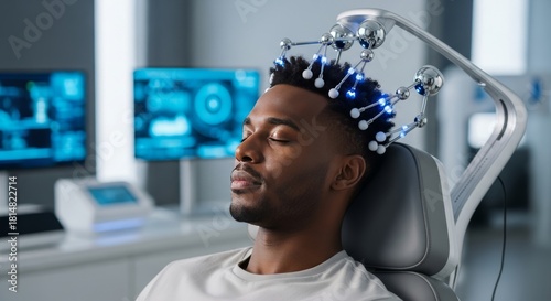 African american man experiences brain stimulation on a medical device. Biohacking for cognitive enhancement and neurological healing.