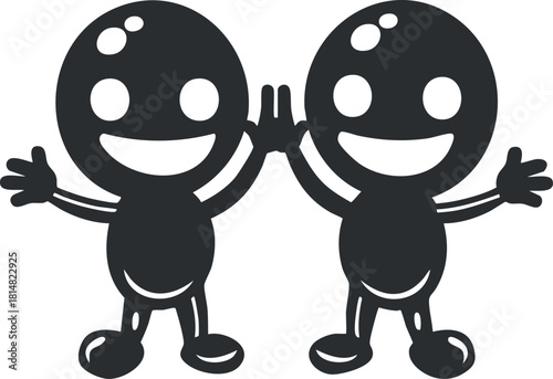 Playful black and white vector illustration of two cheerful characters giving a high five, symbolizing friendship and teamwork