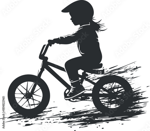 Dynamic silhouette vector illustration of a child riding a bicycle, capturing the essence of movement and freedom for sports-themed projects