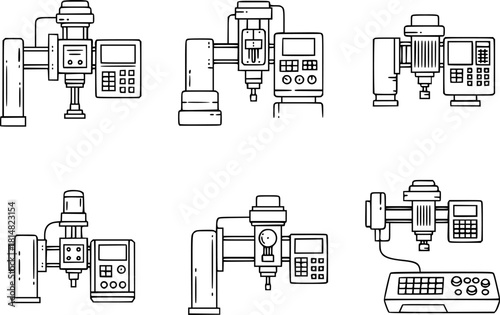 Cnc machine icons set outline vector. Mill controller. Industrial tool
