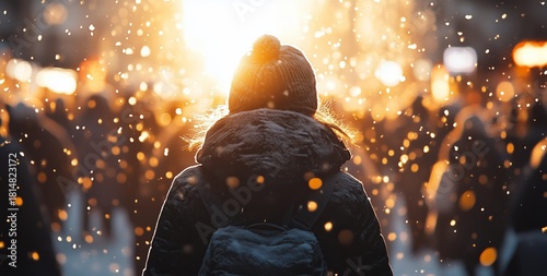 Warm Sunlight Breaks Through Falling Snow as a Person Walks in a Busy Winter ...