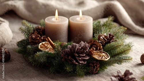 Two Advent Candles in Traditional Evergreen Wreath, Minimalist Christmas Still Life