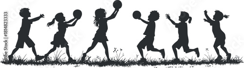 Dynamic silhouette vector illustration of children playing ball in a grassy field, perfect for sports-themed projects and designs
